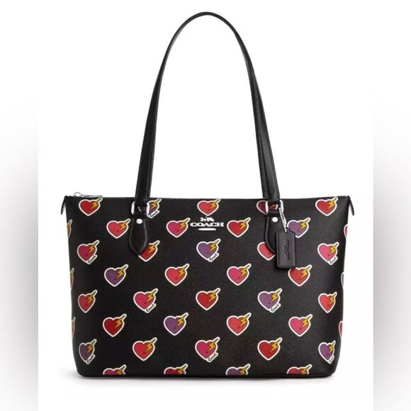 🔥🎁NWT! Coach Gallery Tote Bag with Heart Bolt Print Black Multi Msrp:$378.00 - Picture 1 of 7